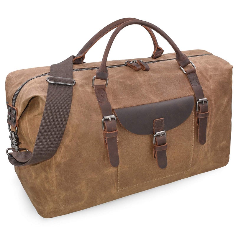 NEWHEY Oversized Travel Duffel Bag Waterproof Canvas Genuine Leather Weekend bag Weekender Overnight Carryon Hand Bag Brown - Image 1